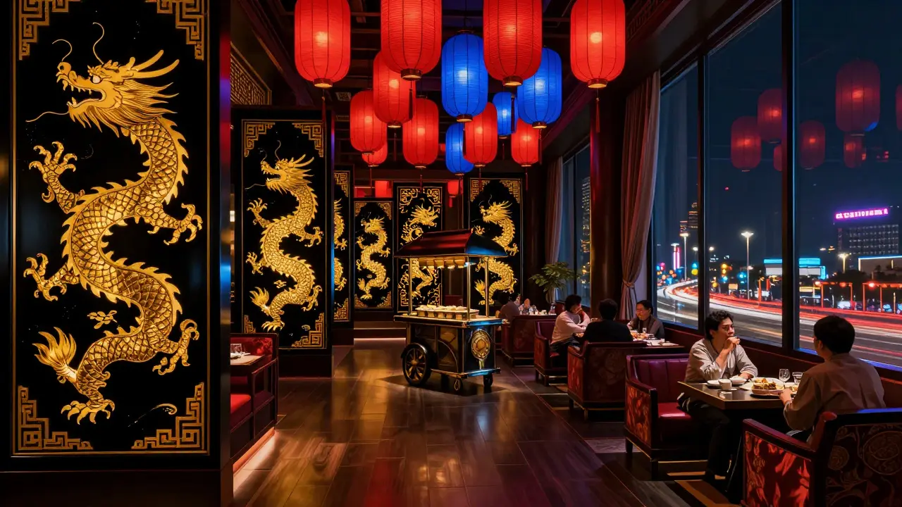 Lantern-lit Chinese-inspired interior at Hakkasan Abu Dhabi with glowing dragon motifs and reflections of city lights on glass.