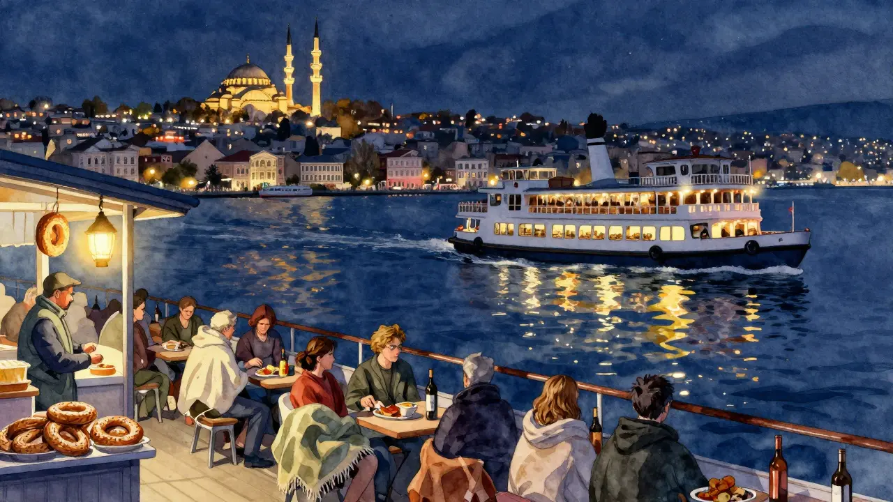Night ferry on the Bosphorus passing illuminated palaces and minarets, passengers relaxing on deck with wine and snacks.