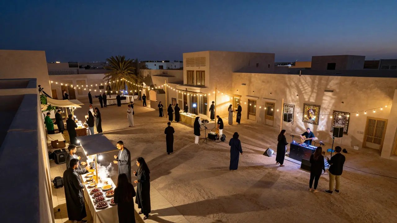 Open-air cultural party at night with food stalls, live music, and starlit desert sky above