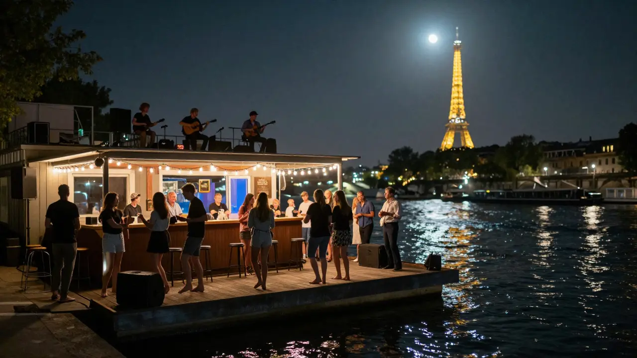 People dancing on a floating bar on the Seine under moonlight, soft lights and rippling water around them.