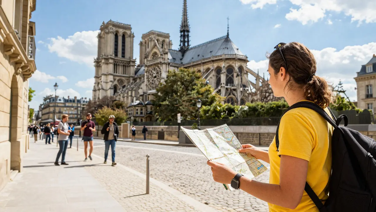 Tourist and companion exploring Paris streets near Notre Dame with map in hand