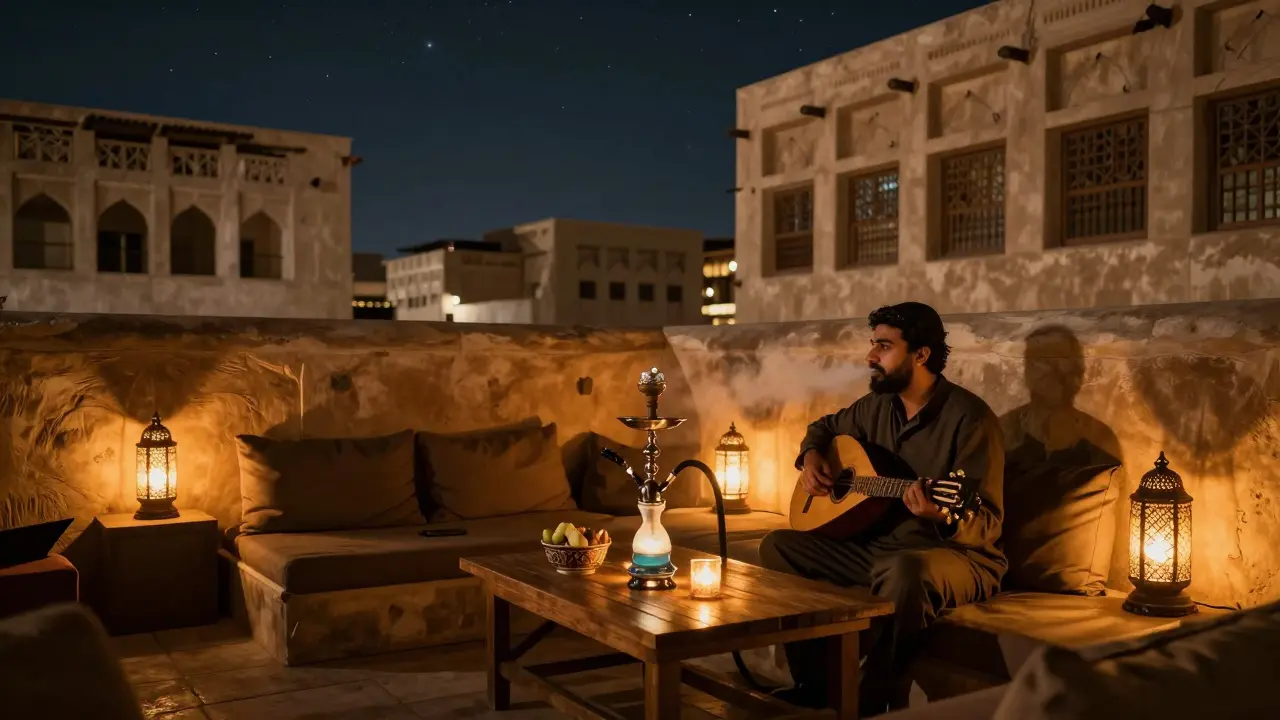 Traditional shisha lounge in Al Fahidi with lanterns, oud music, and starry night sky.