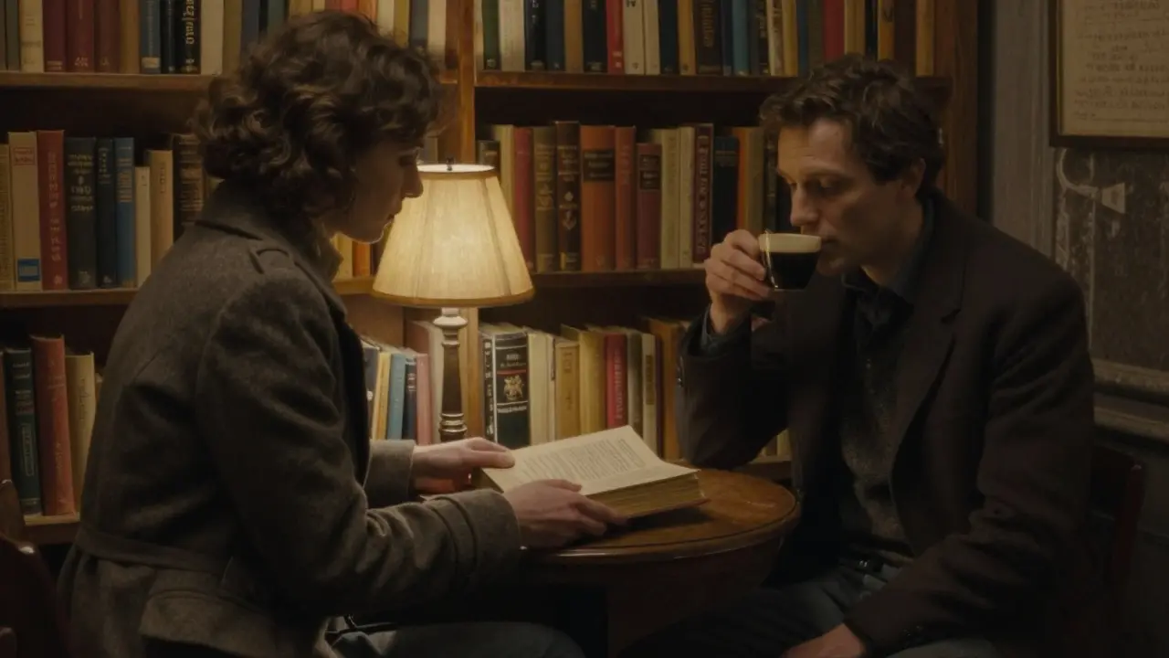 Two people share a quiet moment in a hidden Parisian bookstore, with vintage books and a book of poetry on the table.