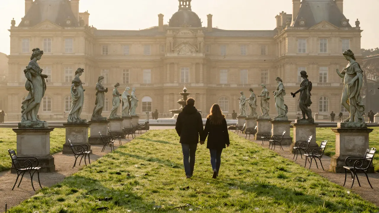 Two people walk hand-in-hand through the empty Jardin du Luxembourg at sunrise.