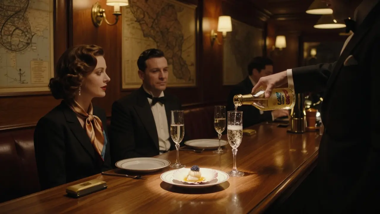 Underground lounge with vintage decor, patrons in formal attire enjoying champagne and seafood delicacies in dim, moody lighting.