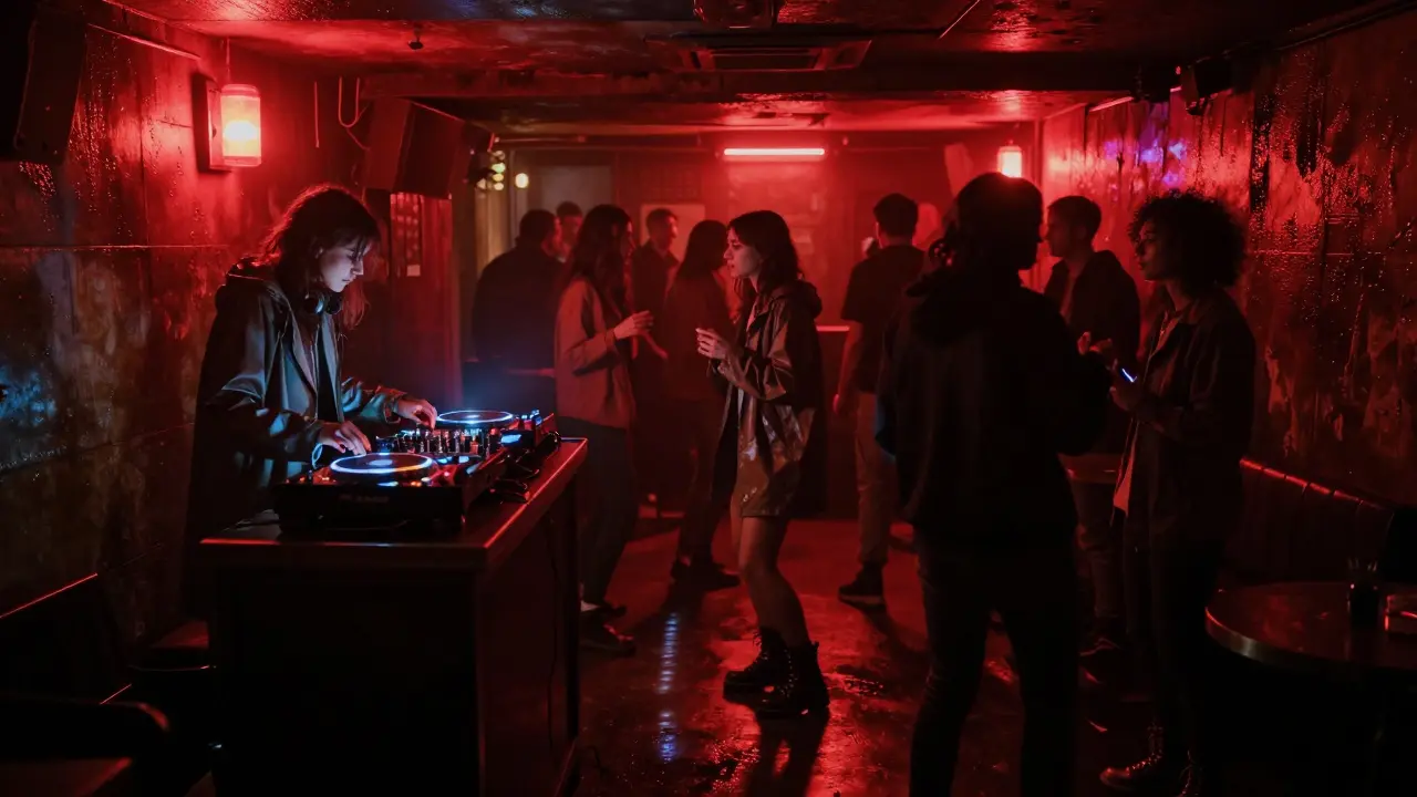 Underground techno club with a woman DJ and pulsing bass in dim red light.