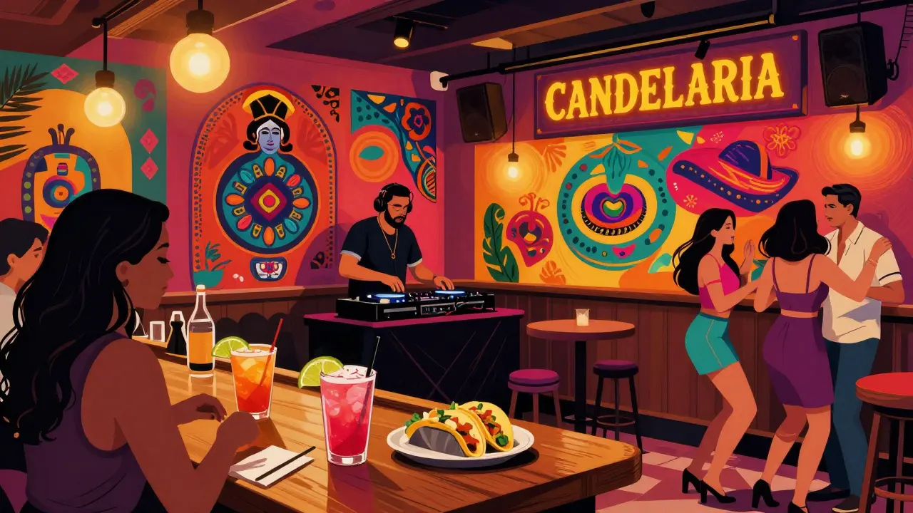 Vibrant Mexican-themed bar with lively dance scene and colorful murals