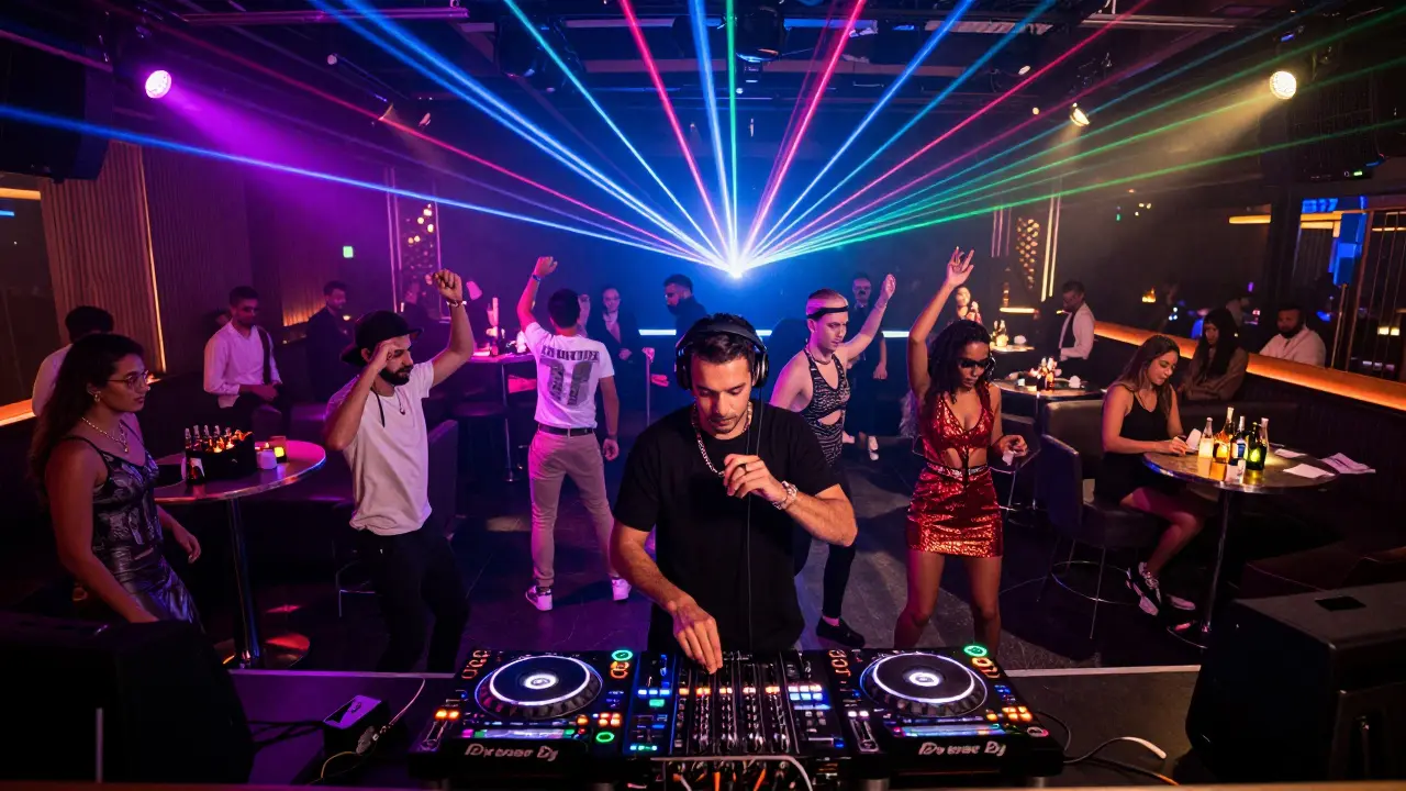 Vibrant nightclub scene at W Dubai with dancers, neon lights, and a DJ performing.