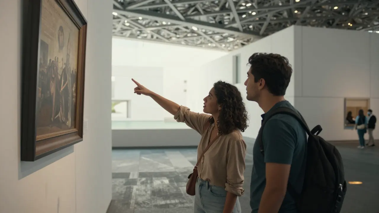 A companion showing artwork at Louvre Abu Dhabi, guiding a guest with quiet expertise.