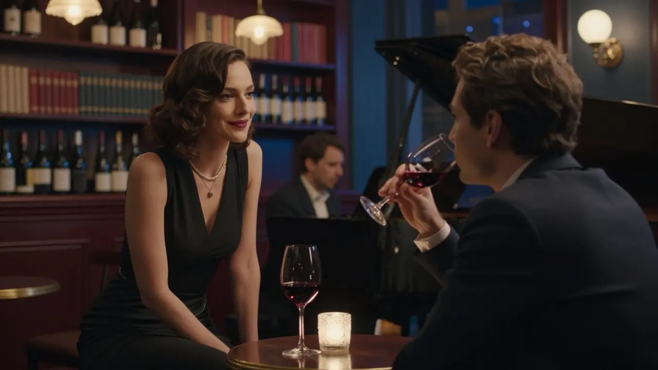 A couple enjoys a quiet moment in a dimly lit Paris jazz bar, piano music in the background.