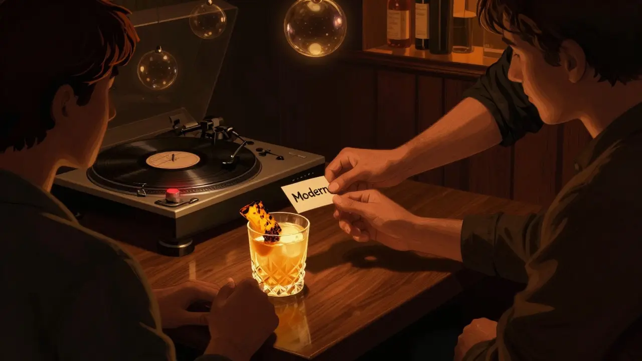 A dimly lit speakeasy where a bartender hands a guest a mystery drink card beside a vintage turntable.