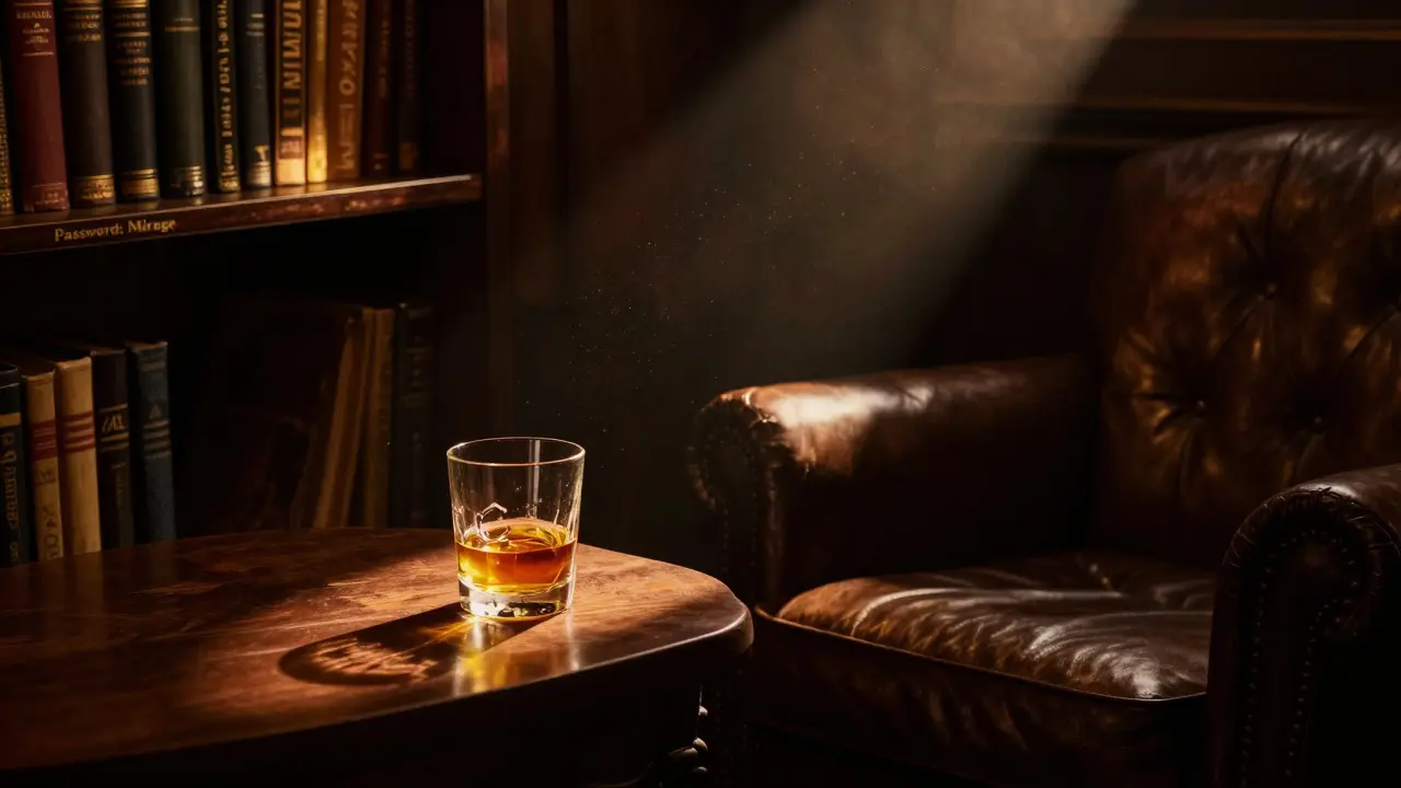 A hidden speakeasy corner with leather chairs, dim light, and a single glass of whiskey beside a bookshelf.