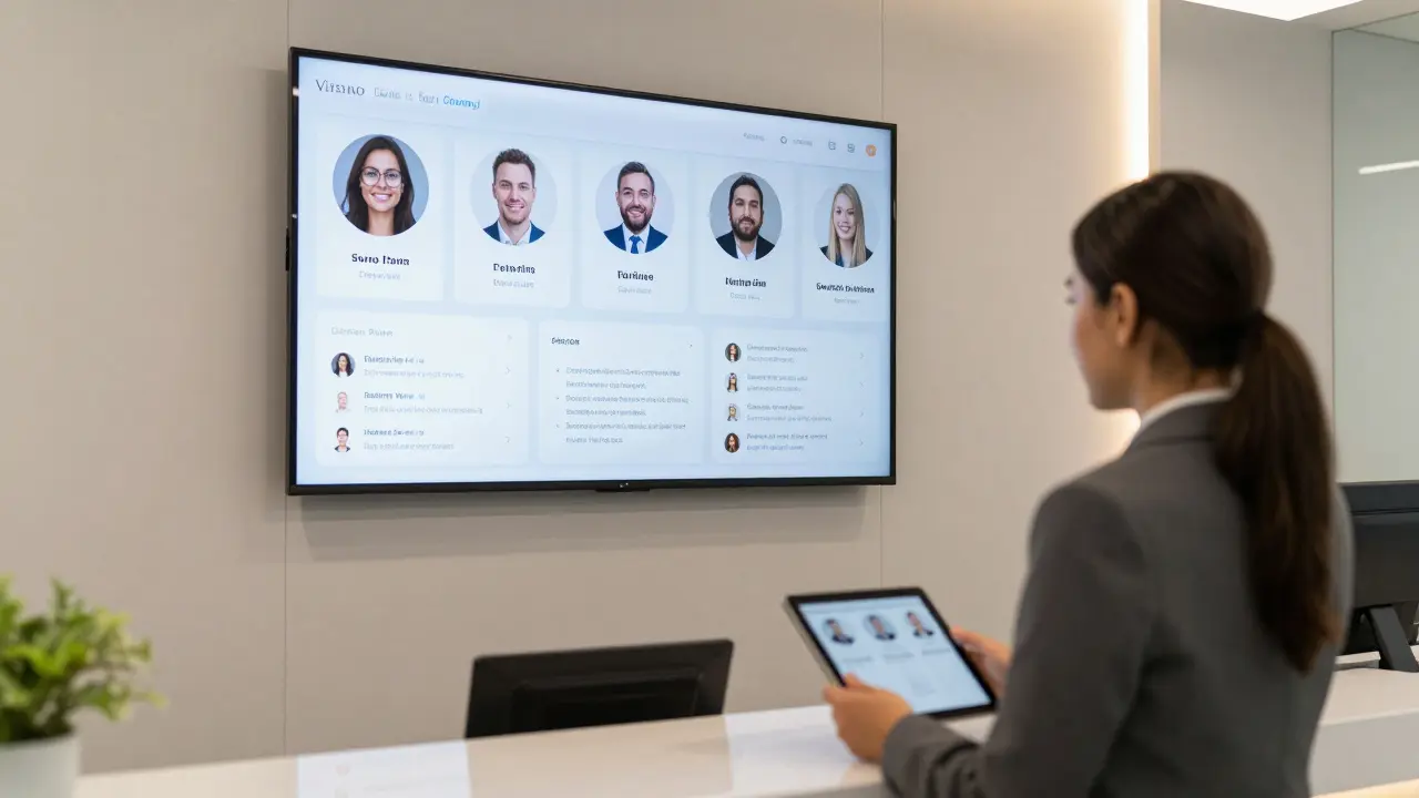 A modern Dubai agency office with digital companion profiles and client reviews on display.