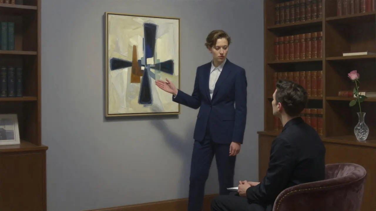 A non-binary companion engaging thoughtfully with a client amid art and quiet luxury in a private gallery.