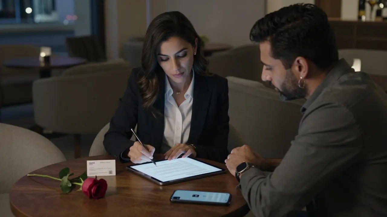A professional escort and client in a Dubai lounge, reviewing a discreet agreement with a license number visible on a tablet.