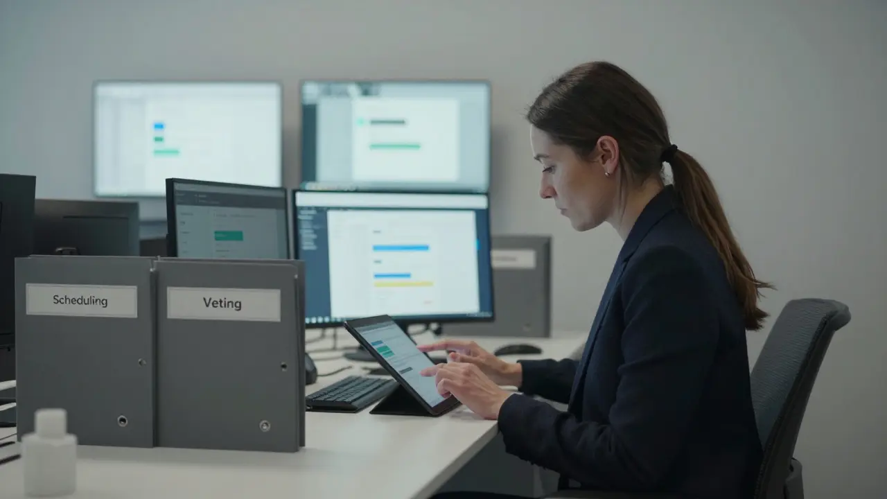 A professional escort reviews client scheduling and security protocols in a modern Berlin office.