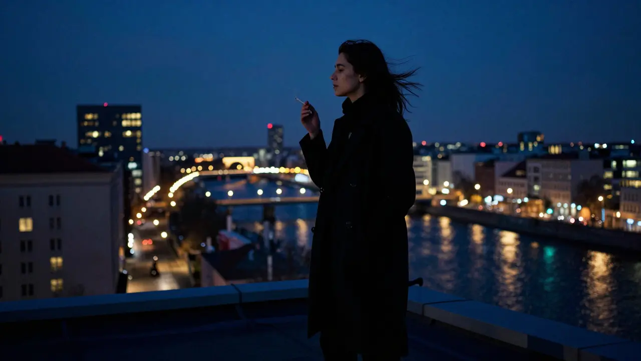 A silhouette on a Berlin rooftop at night, gazing at the city lights with a cigarette, embodying freedom and calm.