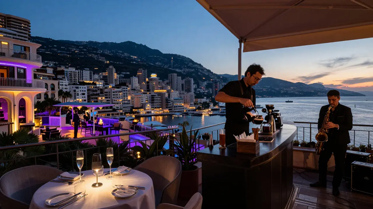 A split scene showing VIP luxury on one side and a quiet jazz lounge at dawn on the other, both in Monaco.
