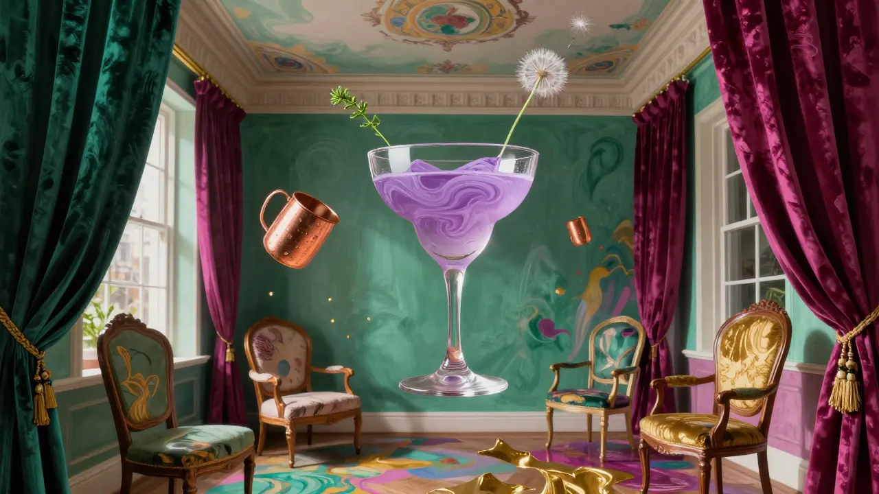 A surreal floating cocktail surrounded by floating velvet curtains and hand-painted floral motifs.