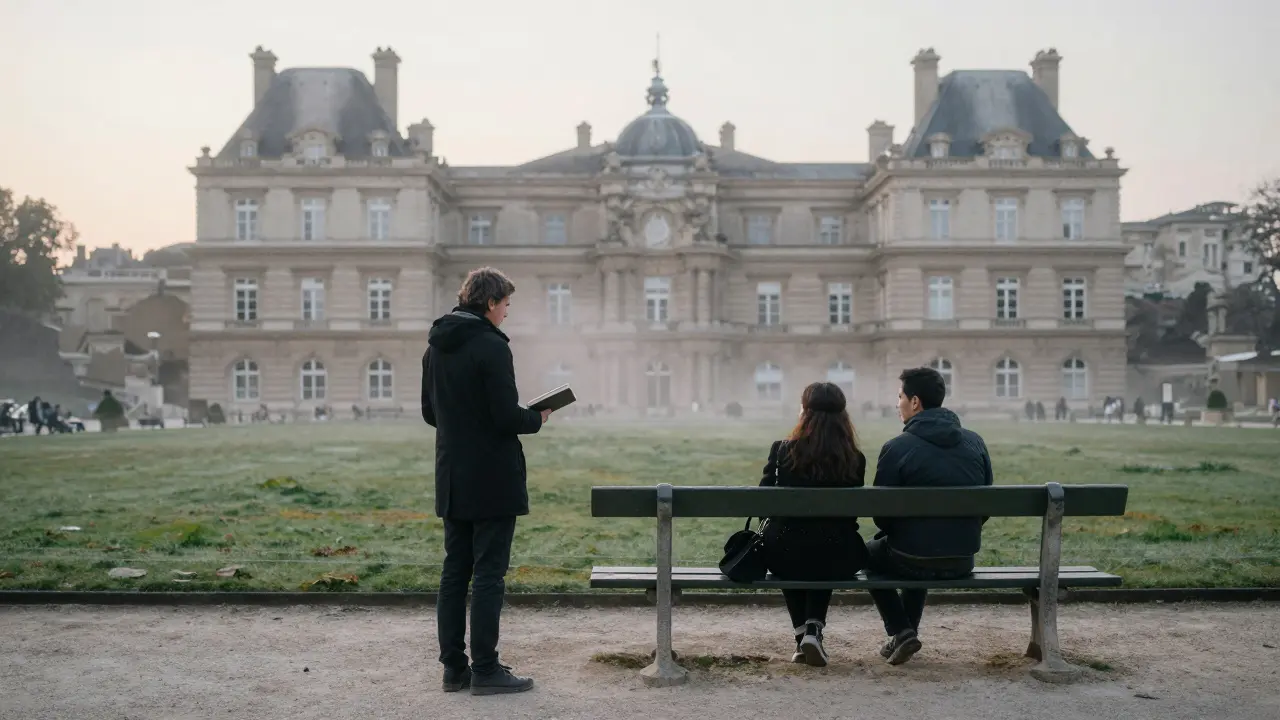 A traveler stands alone near Luxembourg Gardens, holding a book left behind after a meaningful encounter.