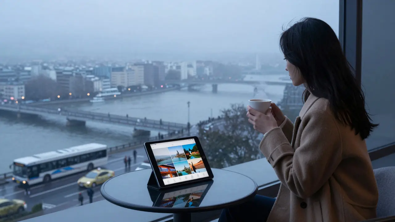 A woman on a penthouse balcony at dawn, overlooking London, symbolizing autonomy and refined solitude.