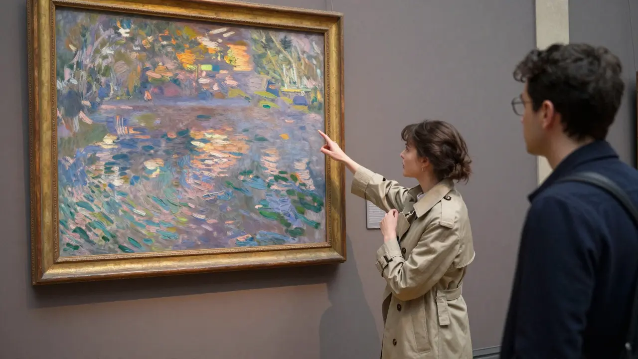A woman points to a Monet painting in the Musée d’Orsay as a traveler listens with quiet awe.