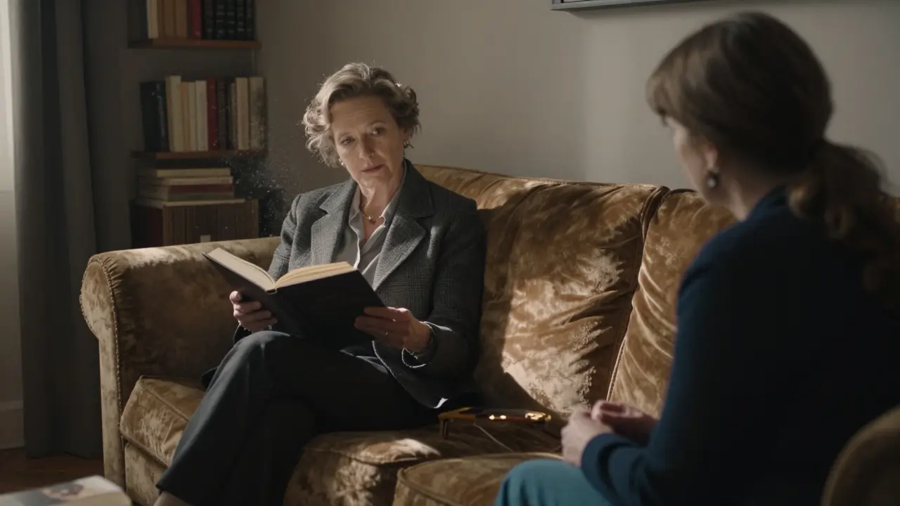A woman reads philosophy aloud to a client in a cozy Paris apartment, sunlight streaming through the window.