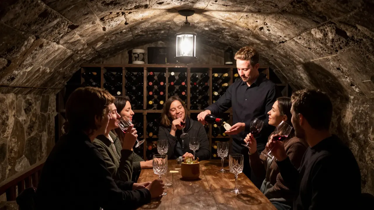 An intimate underground wine tasting in a stone cellar beneath a London bookshop, lit by lanterns.