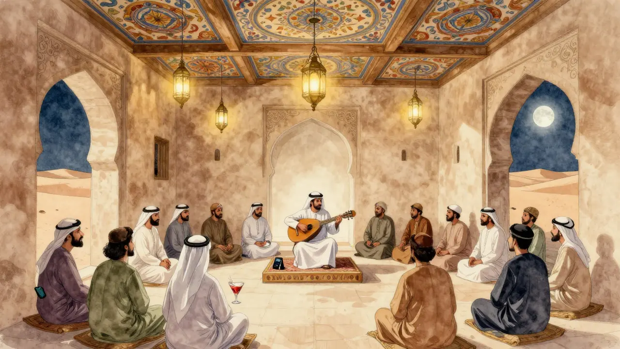 Ancient fort bar with a musician playing oud under lantern light, guests quietly enjoying the moment.