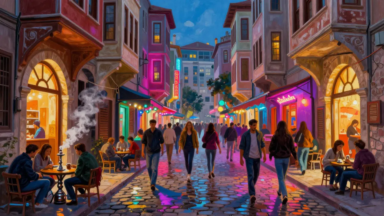 Busy Beyoğlu street scene with crowds and illuminated historic buildings.