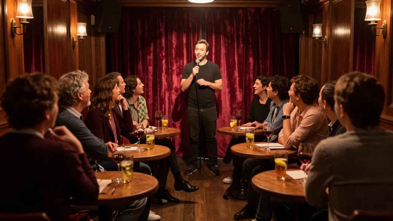Comedian on stage in intimate theater with audience at tables