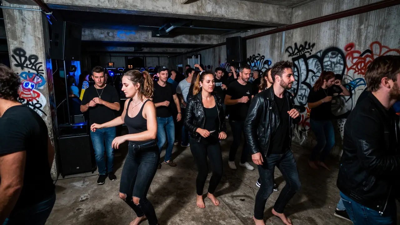 Crowd dancing in a raw industrial warehouse club under flashing strobe lights at midnight.