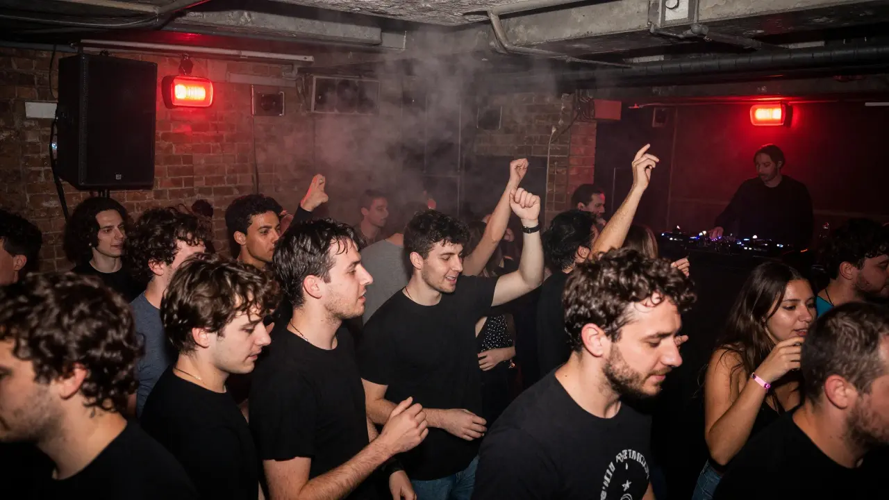 Crowd dancing in an underground techno club with fog and dim red lighting.