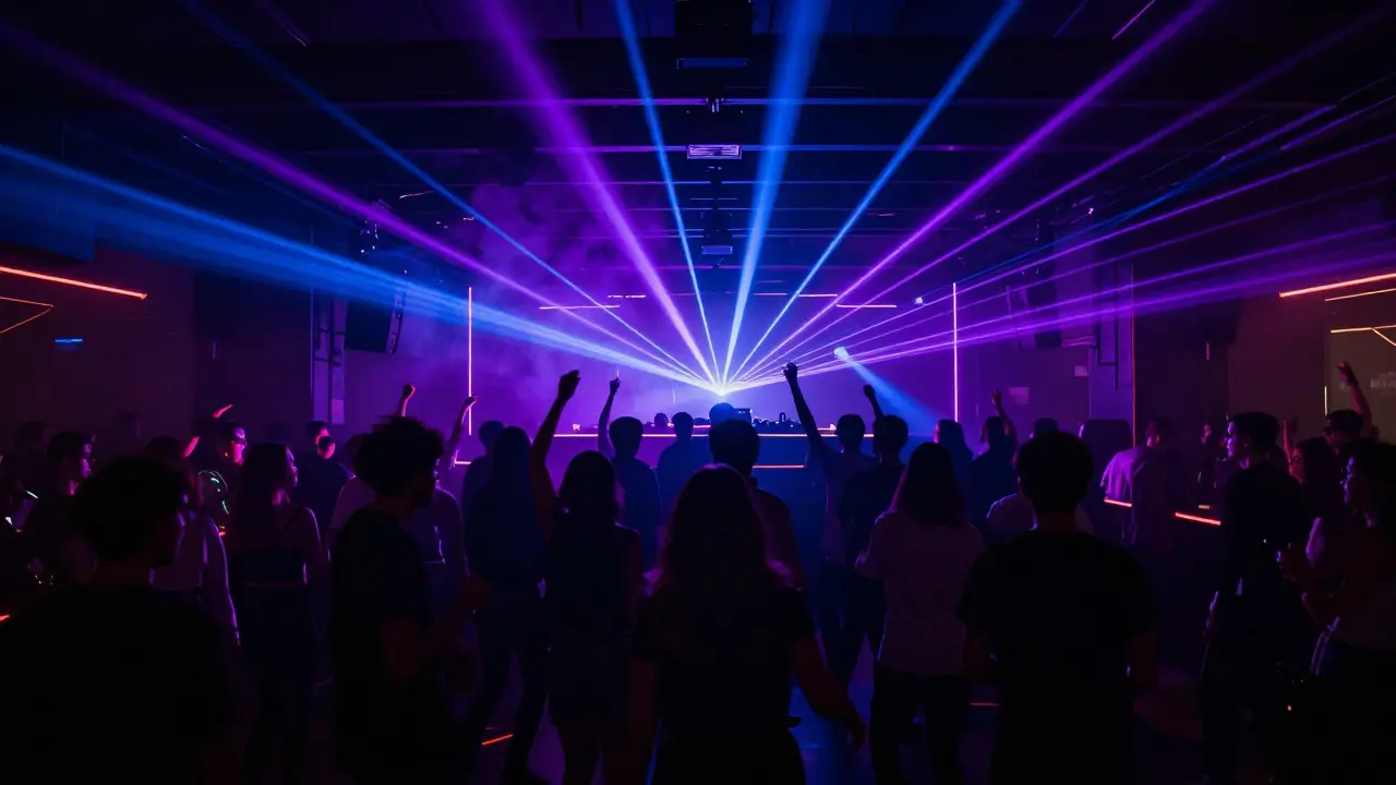 Crowd dancing on a nightclub floor with colorful laser lights.
