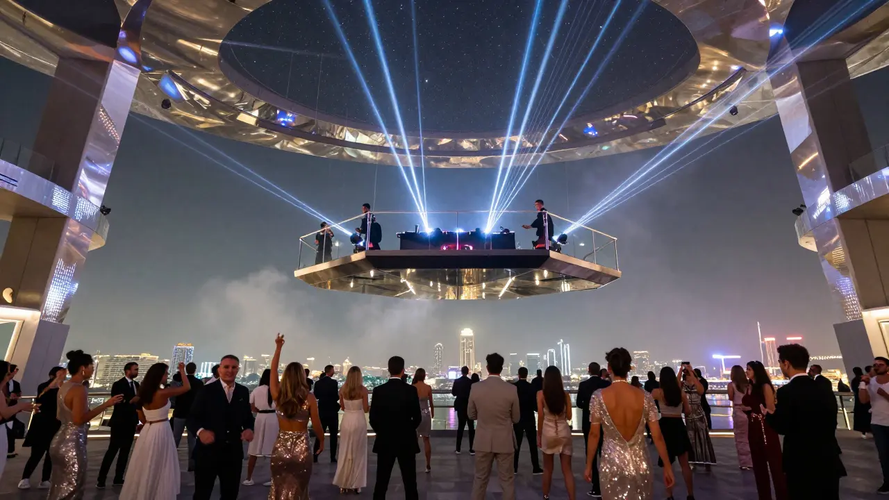Dancers on a floating platform above Dubai, with a glass DJ booth suspended in mid-air under starlit projections.
