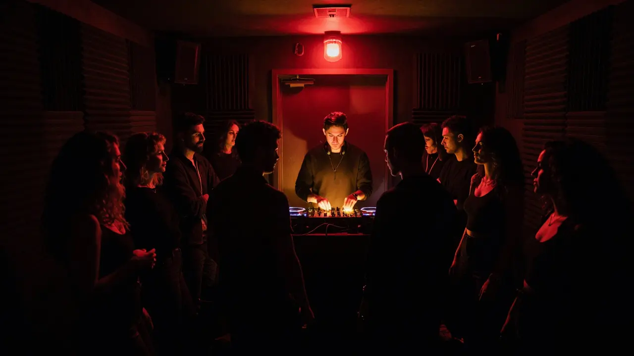 Dimly lit basement club Level 43 with single red light and focused crowd lost in deep techno beat.