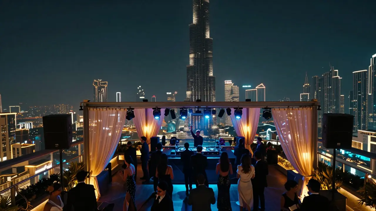 Elegant crowd dancing at Sky Lounge with Burj Khalifa glowing in the background under night sky.
