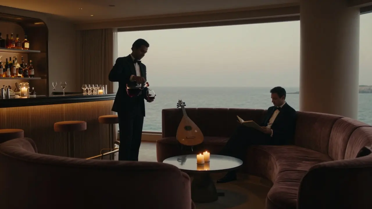 Elegant interior with velvet couches and candlelight, a shadowed figure pouring wine in a private setting.