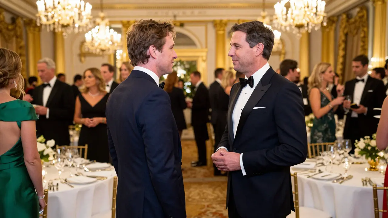 Formally dressed guests mingling at a high-end gala event