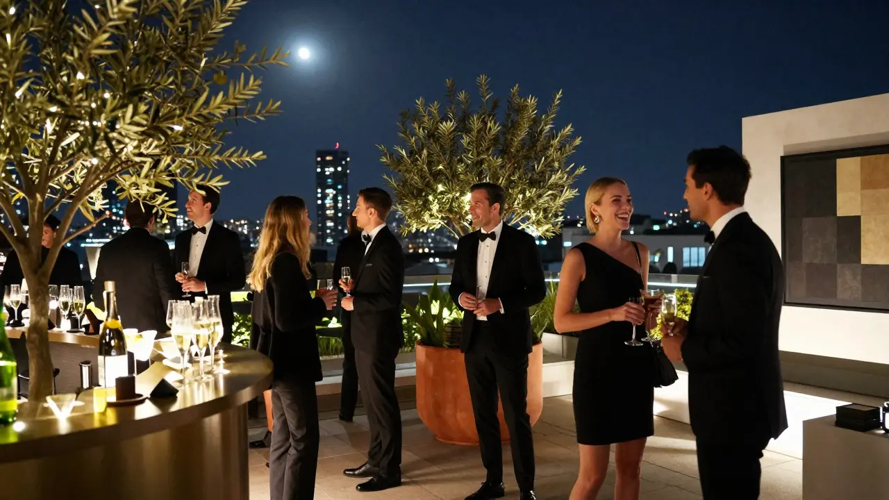 Glamorous rooftop party in Milan with guests in elegant attire under fairy lights.