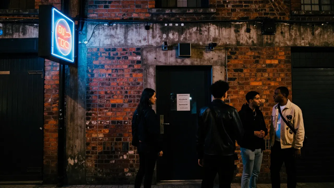 Gritty industrial nightclub exterior in Shoreditch with neon lights.