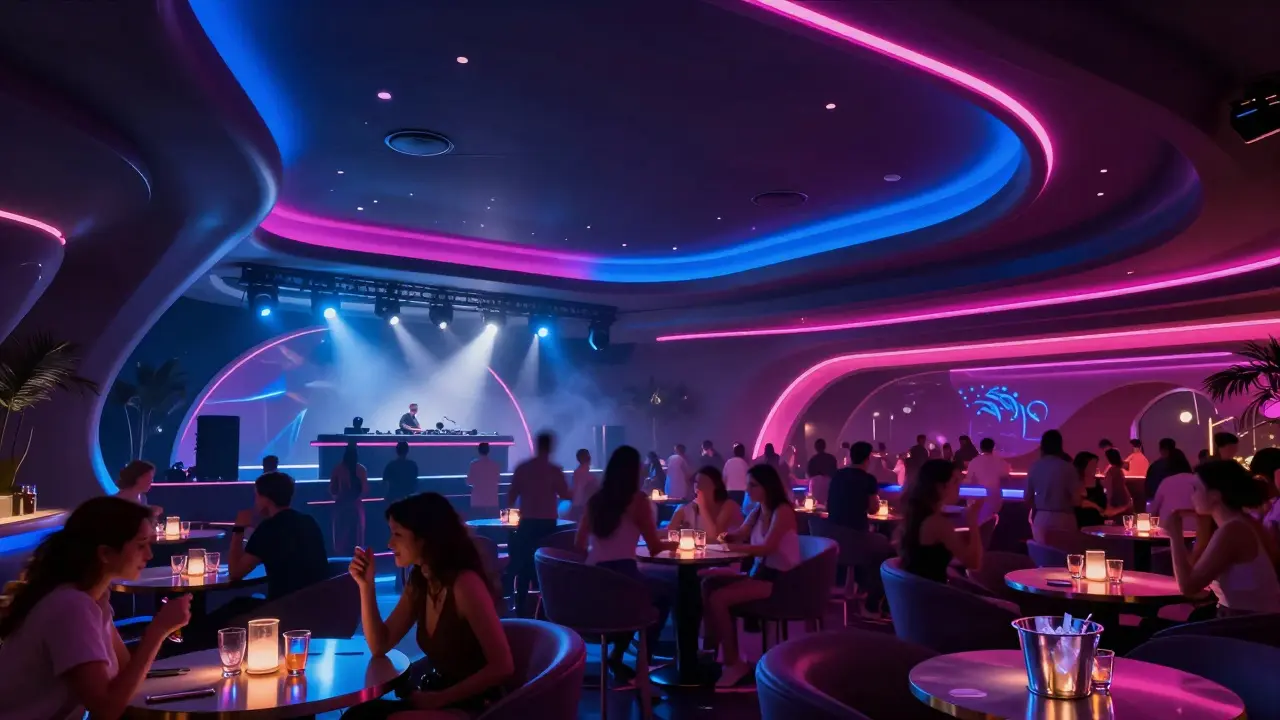 Interior of Yas Island nightclub with neon lights and futuristic design