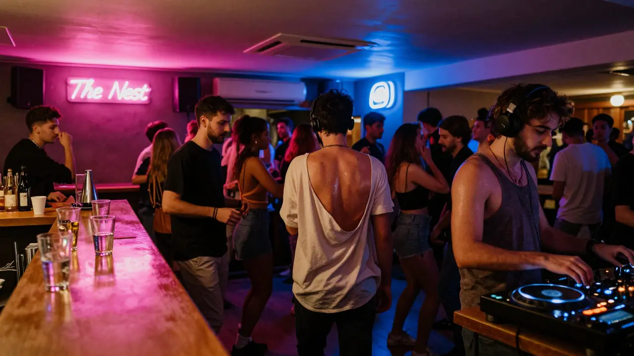 Intimate dancefloor with neon lights and people moving together to deep house music in a basement club.