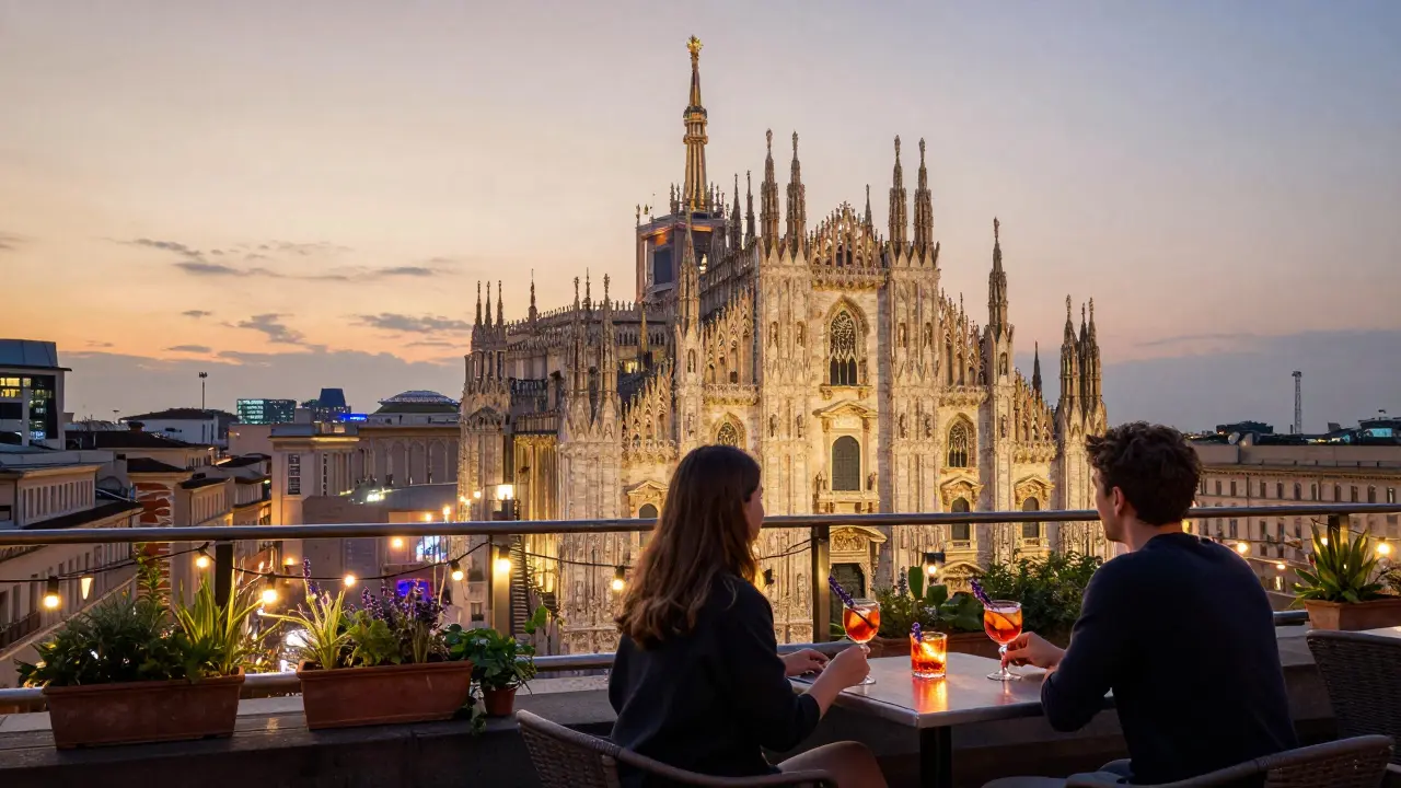 Intimate rooftop terrace with city lights glowing, two people sipping cocktails under string lights.