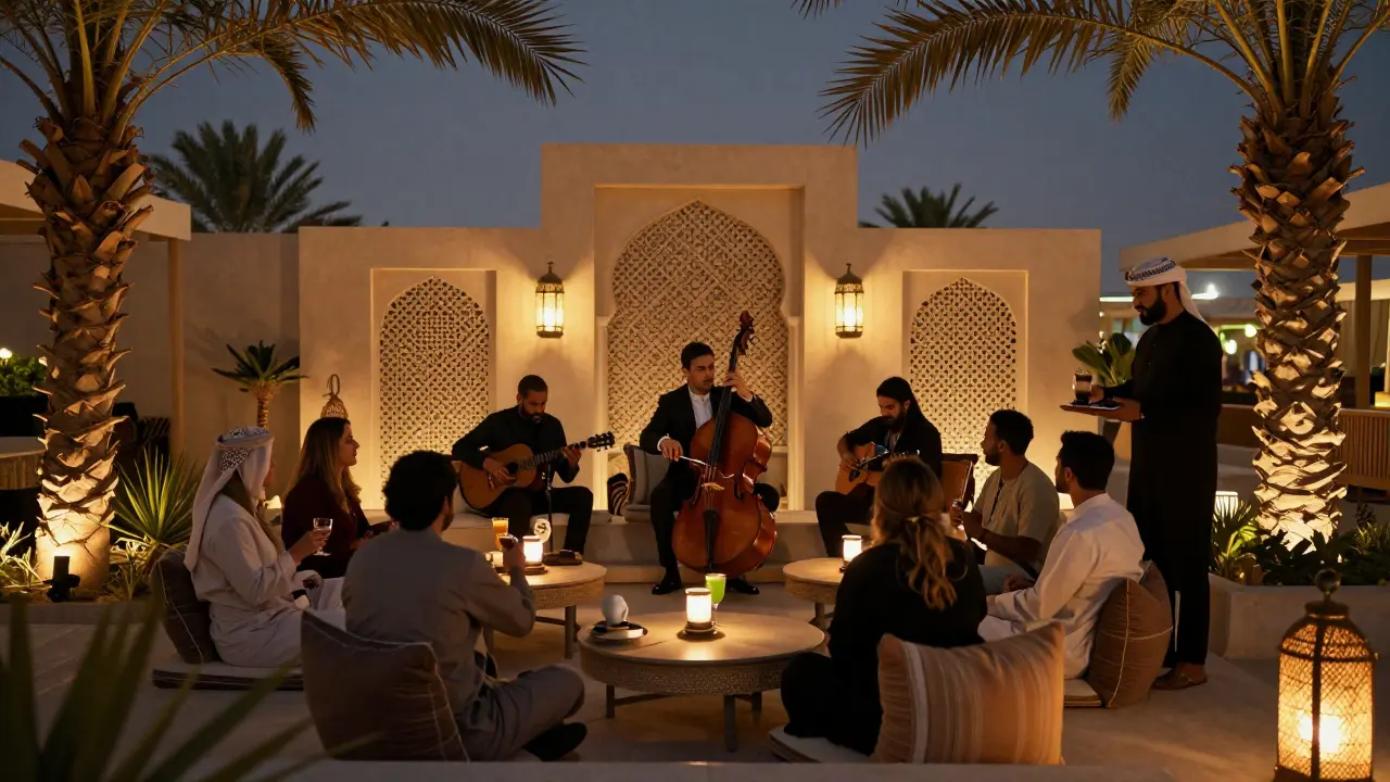 Outdoor lounge on Saadiyat Island with live music and warm lighting