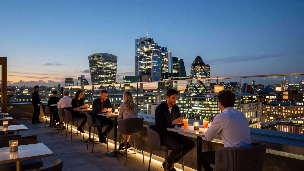 Patrons on a London rooftop bar overlooking the city skyline at dusk.