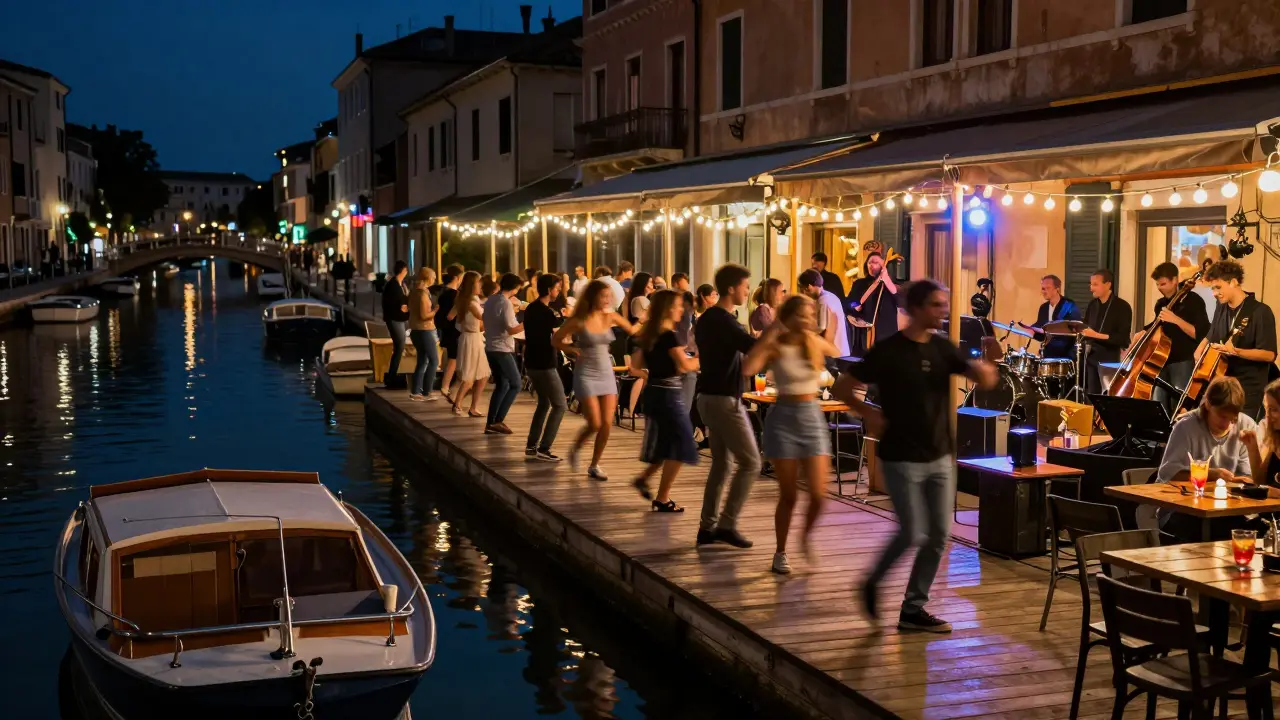 People dancing on wooden terraces along Milan's Navigli canal under string lights and live music.