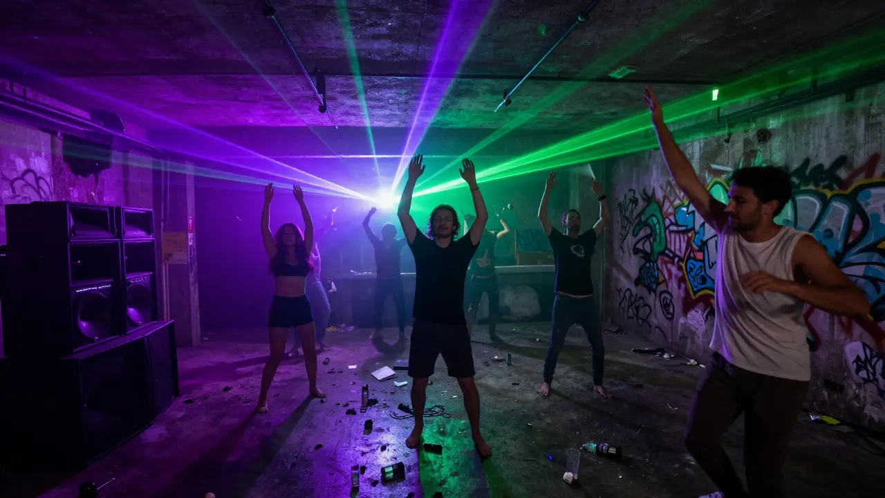 Ravers in a concrete basement rave with strobe lights, arms raised, and sound waves visibly shaking the air.