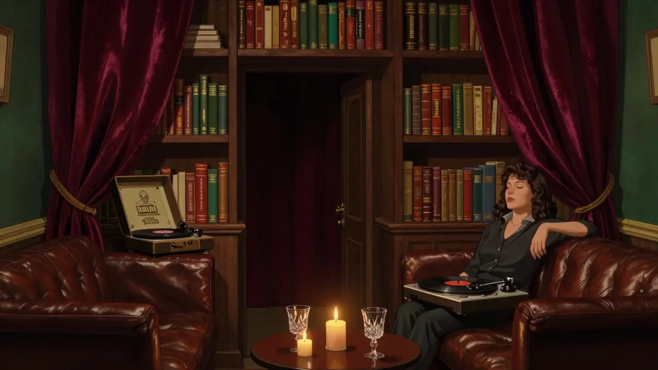 Secret bar behind a bookshelf with candlelight, vintage records, and a guest lost in music.