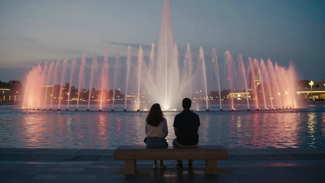 Silent couple watching the Dubai Fountain show at dusk, reflections of water lights on the walkway.